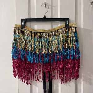 Sequin Fringe Mini Skirt in Pink, Blue & Gold